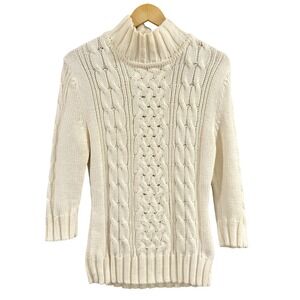 Beth Bowley Cream Cabled Knit‎ Mock Neck Sweater 3/4th Sleeve L Preppy Classic